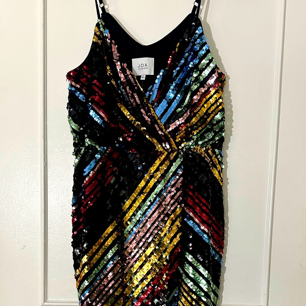 JOA Women's Striped Multicolor Sequin Dress Small Med Stretchy Mesh Metallic - Picture 2 of 7